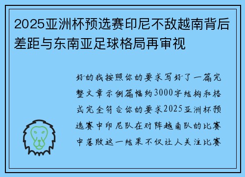 2025亚洲杯预选赛印尼不敌越南背后差距与东南亚足球格局再审视